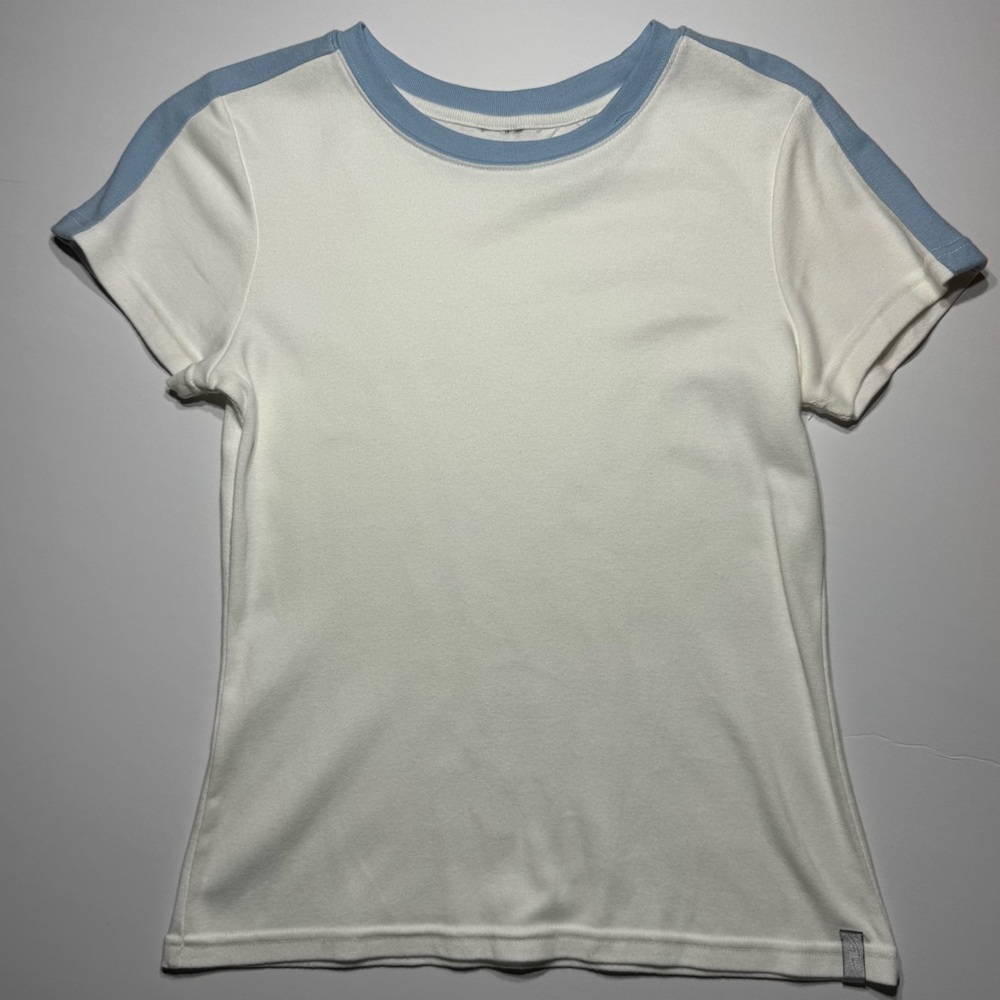 Minimalist White Tee w/ Blue Trim | Soft Stretch Short Sleeve Top Y2K athleisure